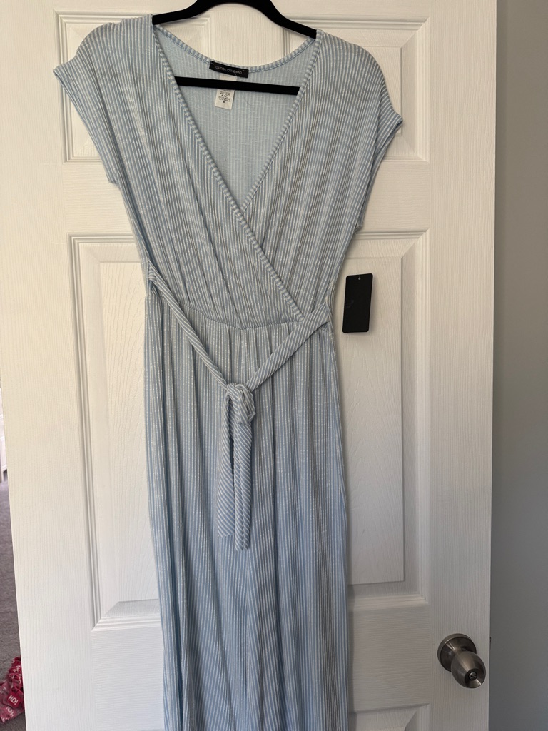 Caution To The Wind Light Blue And White Striped Jumpsuit